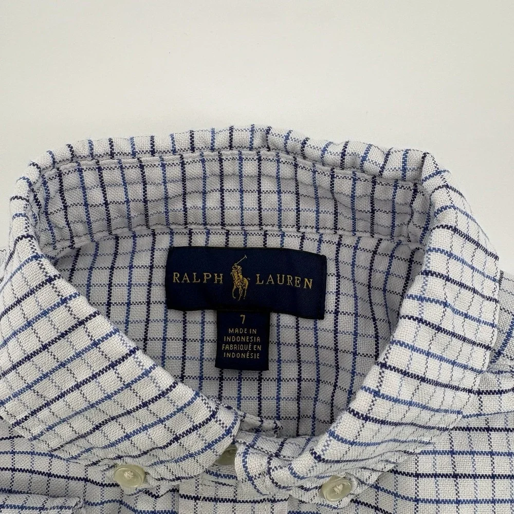 Ralph Lauren Boys Long Sleeve Button Up Shirt Size 7 Blue‎ White Check Cotton